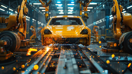 Wall Mural - Assembly line and car assembly line with robots welding car steel in a car factory