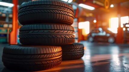 Wall Mural - An auto repair shop installs four new tires. The blurred background features a car in the industry's stock blur and four new tires being changed in an auto repair shop