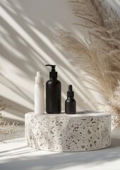 Beauty natural skincare product mock up. Cosmetics bottles on stone podium