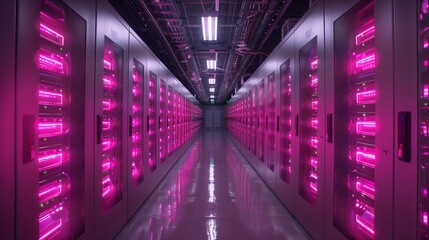 Poster - Rows of servers in a high-tech data center glow with pink lighting, creating a vibrant and sophisticated atmosphere for digital operations.