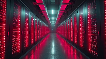 Poster - An expansive corridor lined with glowing red server racks creates a futuristic atmosphere in the data center.