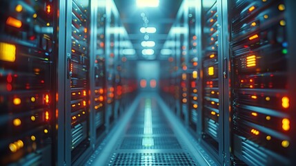 Poster - A modern data center filled with rows of servers, glowing lights, and a high-tech atmosphere showcasing efficient technology in action.