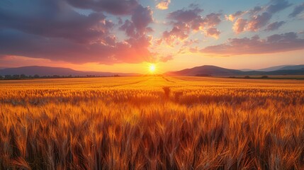 Wall Mural - Radiant Wheat Field Sunset - Breathtaking Landscape Scenery