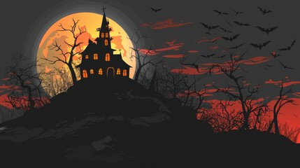 An old, spooky house on top of a hill with a full moon