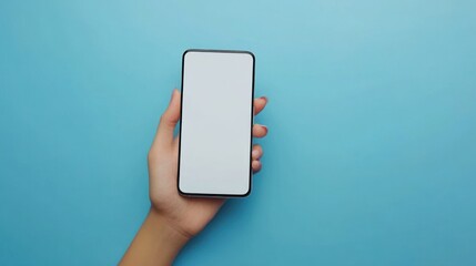 Aufkleber - Hand Holding Smartphone with Blank White Screen on Blue Background