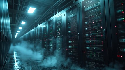 Poster - A modern data center features rows of illuminated servers with green and red lights amidst a foggy atmosphere.