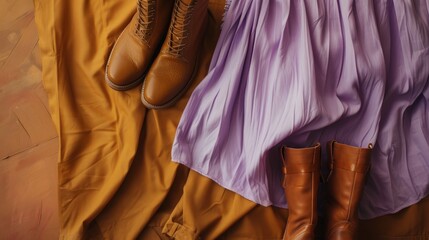 A lavender dress paired with brown boots is beautifully arranged on soft fabric, highlighting a stylish fashion ensemble perfect for an indoor event