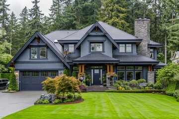 Beautiful home with large front lawn, garage, and car on left side, overlooking pine mountain forest, gray shingle roof, stone chimney, green grass near entrance, landscaped driveway