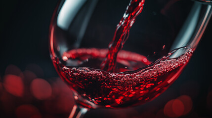 Red wine being poured into a wine glass, with bubbles and splashes against a dark, moody background.