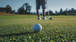 © Mikołaj Rychter - A golf ball on a golf course. Nearby, a man standing with his back turned is preparing to hit the ball.