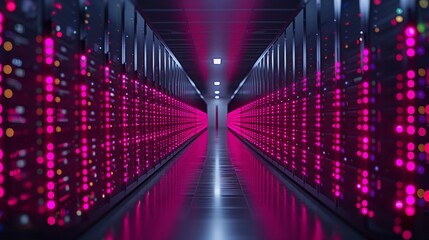 Poster - A vibrant hallway of data servers glows with colorful lights in a modern data center during nighttime, creating a stunning visual effect.