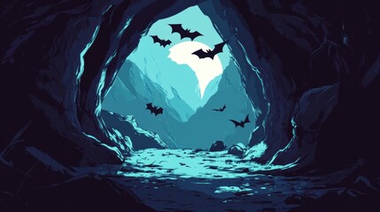 Sticker - Mysterious Cave with Bats and Moonlit Water