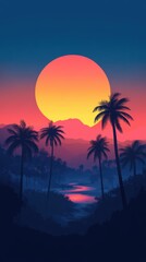 Sticker - Vibrant Sunset Over Palm-Lined River Landscape