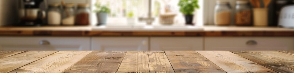 Modern Minimalist Kitchen Blur: Wooden Table Foreground with Bright, Unfocused Interior. Sleek Appliances, Cooking Utensils, and Spices in Background. Clean and Tidy Culinary Environment Perfect for F