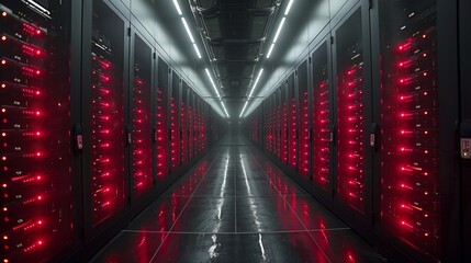 Poster - Rows of servers emit a red glow in a dimly lit data center, creating a futuristic atmosphere.