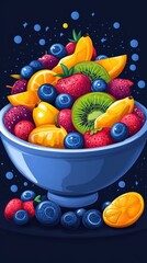 Wall Mural - Colorful Fruit Bowl Illustration on Dark Background