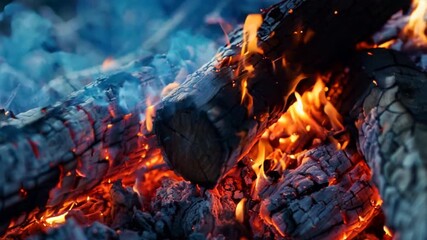 Poster - Campfire close-up with warm, glowing flames and detailed burning logs