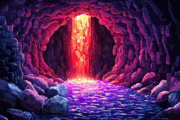 Poster - Pixel Art Cave Waterfall