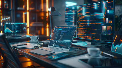 A computer desk with a laptop, two monitors, and a cup of coffee