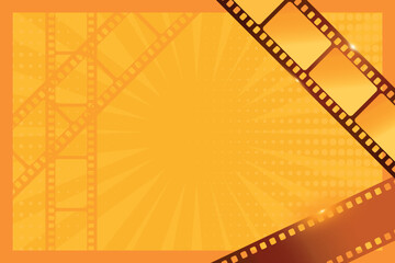 Wall Mural - Pop art orange background with sparkling film strips. Cinema concept decorated with dots and rays. Vector illustration