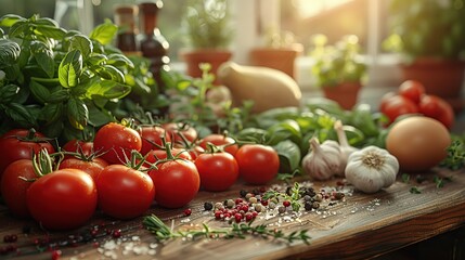 Wall Mural - Fresh Tomatoes, Garlic, and Herbs on a Wooden Table