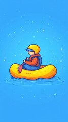 Wall Mural - Cartoon Kayaker on Blue Water Background