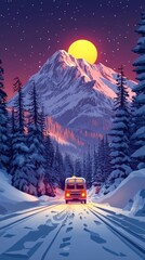 Sticker - Winter Scene: Van on Snowy Mountain Road at Sunset