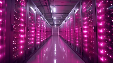 Poster - A corridor in a modern data center illuminated by pink lights, showcasing rows of server racks and bright fluorescent lighting.