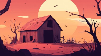 Canvas Print - Stylized Barn at Sunset in an Arid Landscape