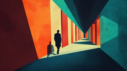 Wall Mural - Abstract Figure Walking Through Colorful Shadows