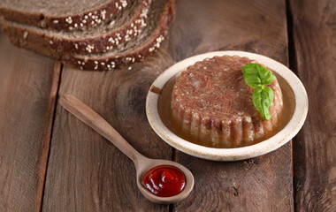 Wall Mural - aspic meat appetizer with sauce and basil