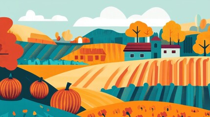 Canvas Print - Vibrant Autumn Landscape with Pumpkins and Rolling Hills