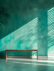 Wall Mural - A green wall with a bench in front of it