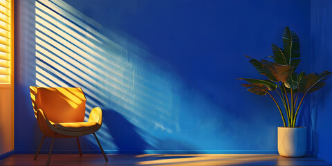 Wall Mural - A blue room with a yellow chair and a potted plant