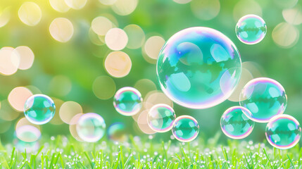 Wall Mural - bubbles in grass with soft focus and natural light. colorful soap bubbles floating above green grass