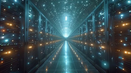 Poster - A high-tech data center hallway features glowing servers, illuminated by vibrant lights creating a striking visual effect throughout the expansive space.