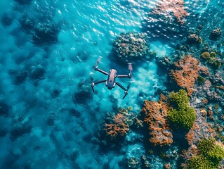 Wall Mural - Drone Capturing the Vibrant Colors of a Coral Reef in Clear Blue Underwater Waters