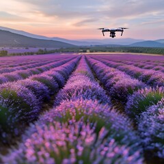 Canvas Print - Drone Capturing Vibrant Lavender Field at Sunset in Serene Countryside