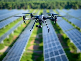 Poster - drone inspecting vast solar panel fields for renewable energy technology