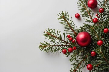 Christmas composition flatlay. Spruce branches, red berries on white background with space for text