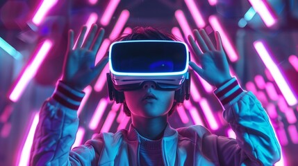 Metaverse virtual event future game entertainment digital technology . teenager having fun play vr virtual reality glasses sport game metaverse nft game 3d cyber space futuristic neon background.