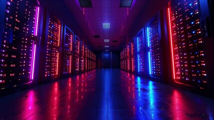 Poster - The corridor of a data center features illuminated servers, casting colorful reflections on the floor, creating a striking technological ambiance.