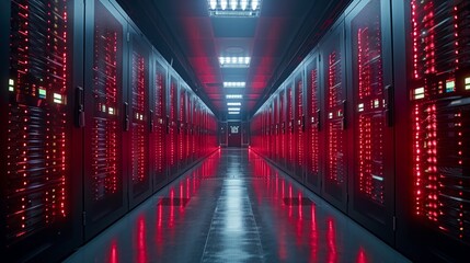 Poster - A corridor within a data center is lit with red lights, showcasing rows of servers on either side in a high-tech environment.