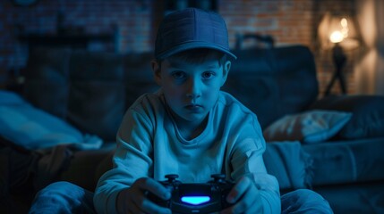 Wall Mural - Little boy playing video game in the dark room.