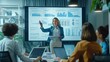 © Ace64 Studio - Female chief analyst holds meeting presentation for a team of economists. she shows digital interactive whiteboard with growth analysis charts statistics and data. people work in creative office.