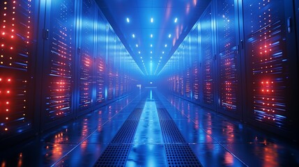 Poster - Lights illuminate a sleek corridor lined with servers, showcasing a blend of blue and red colors in a high-tech environment after dark.