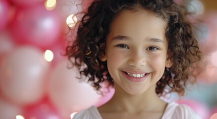 Wall Mural - Happy Girl Smiling in Front of Pink Balloons During Celebration