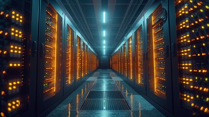 Poster - Rows of servers light up a data center, showcasing wires and technology in a high-tech environment.