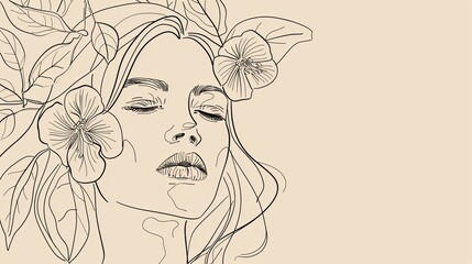 Wall Mural - Women face in one line art style with flowers and leaves.Continuous line art in elegant style for prints, tattoos, posters, textile, cards etc. Beautiful woman face Vector illustration