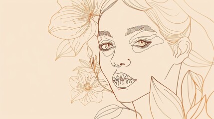 Wall Mural - Women face in one line art style with flowers and leaves.Continuous line art in elegant style for prints, tattoos, posters, textile, cards etc. Beautiful woman face Vector illustration